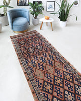 Vintage Turkish runner rug in living room setting, old rug, antique rug, pastel colors, faded colors, Turkish rug, vintage rug, soft rug, Portland, Oregon, rug store, rug shop, local shop