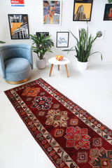 Vintage Turkish runner rug in a living room setting, pile rug, Turkish rug, vintage rug, portland, rug shop, bright colors, wild shaman, soft rug, bold color, Portland, Oregon, rug store, rug shop, local shop,