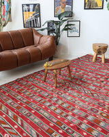 Vintage kilim rug in living room setting, bright colors, wild shaman, soft rug, bold color, Portland, Oregon, rug store, rug shop, local shop, vintage rug, modern kilim, warm colors