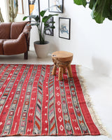 Vintage kilim rug in living room setting, bright colors, wild shaman, soft rug, bold color, Portland, Oregon, rug store, rug shop, local shop, vintage rug, modern kilim, warm colors