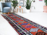 Vintage Turkish runner rug in a living room setting, pile rug, Turkish rug, vintage rug, portland, rug shop, bright colors, wild shaman, soft rug, bold color, Portland, Oregon, rug store, rug shop, local shop,