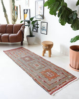 Vintage Turkish runner rug in living room setting, old rug, antique rug, pastel colors, faded colors, Turkish rug, vintage rug, soft rug, Portland, Oregon, rug store, rug shop, local shop