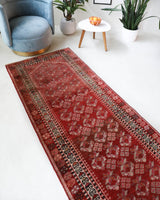 Vintage Turkish runner rug in a living room setting, pile rug, Turkish rug, vintage rug, portland, rug shop, bright colors, wild shaman, soft rug, bold color, Portland, Oregon, rug store, rug shop, local shop