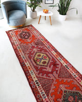 Vintage Turkish runner rug in a living room setting, pile rug, Turkish rug, vintage rug, portland, rug shop, bright colors, wild shaman, soft rug, bold color, Portland, Oregon, rug store, rug shop, local shop,