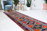 Vintage Turkish runner rug in a living room setting, pile rug, Turkish rug, vintage rug, portland, rug shop, bright colors, wild shaman, soft rug, bold color, Portland, Oregon, rug store, rug shop, local shop