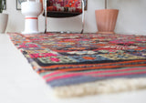 Vintage kilim rug in room decor setting, old rug, antique rug, pastel colors, faded colors, Turkish rug, vintage rug, soft rug, Portland, Oregon, rug store, rug shop, local shop, bold colors, bright colors, faded colors
