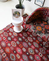 Vintage kilim rug in room decor setting, old rug, antique rug, pastel colors, faded colors, Turkish rug, vintage rug, soft rug, Portland, Oregon, rug store, rug shop, local shop, bold colors, bright colors, faded colors