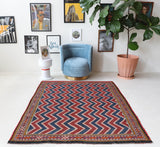 Vintage kilim rug in living room setting, bright colors, wild shaman, soft rug, bold color, Portland, Oregon, rug store, rug shop, local shop, vintage rug, modern kilim, warm colors
