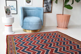 Vintage kilim rug in living room setting, bright colors, wild shaman, soft rug, bold color, Portland, Oregon, rug store, rug shop, local shop, vintage rug, modern kilim, warm colors