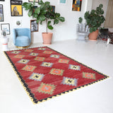 Vintage kilim rug in room decor setting, old rug, antique rug, pastel colors, faded colors, Turkish rug, vintage rug, soft rug, Portland, Oregon, rug store, rug shop, local shop, bold colors, bright colors, faded colors