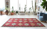 Vintage kilim rug in room decor setting, old rug, antique rug, pastel colors, faded colors, Turkish rug, vintage rug, soft rug, Portland, Oregon, rug store, rug shop, local shop, bold colors, bright colors, faded colors