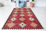 Vintage kilim rug in room decor setting, old rug, antique rug, pastel colors, faded colors, Turkish rug, vintage rug, soft rug, Portland, Oregon, rug store, rug shop, local shop, bold colors, bright colors, faded colors