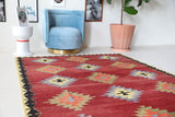 Vintage kilim rug in room decor setting, old rug, antique rug, pastel colors, faded colors, Turkish rug, vintage rug, soft rug, Portland, Oregon, rug store, rug shop, local shop, bold colors, bright colors, faded colors
