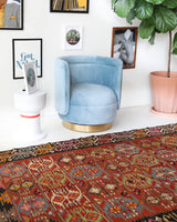 Vintage kilim rug in living room setting, bright colors, wild shaman, soft rug, bold color, Portland, Oregon, rug store, rug shop, local shop, vintage rug, modern kilim, warm colors