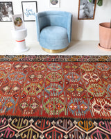 Vintage kilim rug in living room setting, bright colors, wild shaman, soft rug, bold color, Portland, Oregon, rug store, rug shop, local shop, vintage rug, modern kilim, warm colors