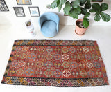 Vintage kilim rug in living room setting, bright colors, wild shaman, soft rug, bold color, Portland, Oregon, rug store, rug shop, local shop, vintage rug, modern kilim, warm colors