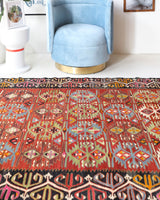 Vintage kilim rug in living room setting, bright colors, wild shaman, soft rug, bold color, Portland, Oregon, rug store, rug shop, local shop, vintage rug, modern kilim, warm colors