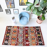 Vintage kilim rug in living room setting, old rug, antique rug, pastel colors, faded colors, Turkish rug, vintage rug, soft rug, Portland, Oregon, rug store, rug shop, local shop, earthy tones, earthy colors, warm colors