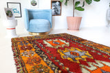 Vintage Turkish rug in a living room setting, pile rug, Turkish rug, vintage rug, portland, rug shop, bright colors, wild shaman, soft rug, bold color, Portland, Oregon, rug store, rug shop, local shop, shag rug, shaggy, plush,tulu rugs