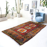 Vintage Turkish rug in a living room setting, pile rug, Turkish rug, vintage rug, portland, rug shop, bright colors, wild shaman, soft rug, bold color, Portland, Oregon, rug store, rug shop, local shop, shag rug, shaggy, plush,tulu rugs