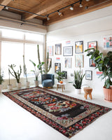 Vintage kilim rug in living room setting, bright colors, wild shaman, soft rug, bold color, Portland, Oregon, rug store, rug shop, local shop, vintage rug, modern kilim, warm colors