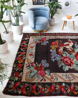 Vintage kilim rug in living room setting, bright colors, wild shaman, soft rug, bold color, Portland, Oregon, rug store, rug shop, local shop, vintage rug, modern kilim, warm colors