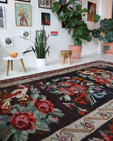 Vintage kilim rug in living room setting, bright colors, wild shaman, soft rug, bold color, Portland, Oregon, rug store, rug shop, local shop, vintage rug, modern kilim, warm colors