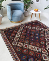 Vintage kilim rug in living room setting, bright colors, wild shaman, soft rug, bold color, Portland, Oregon, rug store, rug shop, local shop, vintage rug, modern kilim, warm colors