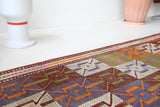 Vintage Turkish runner rug in a living room setting, pile rug, Turkish rug, vintage rug, portland, rug shop, bright colors, wild shaman, soft rug, bold color, Portland, Oregon, rug store, rug shop, local shop, antique rug