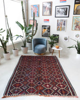 Vintage kilim rug in living room setting, bright colors, wild shaman, soft rug, bold color, Portland, Oregon, rug store, rug shop, local shop, vintage rug, modern kilim, warm colors