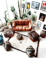 Floor pouf in a living room setting, pillow, turkish pillow, kilim pillow, home decor, decorative pillow, sham, rug pillow, decor, home decor, pouf, floor cushion, cushion, Portland, rugshop, Oregon, Wild Shaman, ottoman