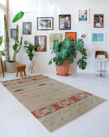 Vintage kilim rug in living room setting, old rug, antique rug, pastel colors, faded colors, Turkish rug, vintage rug, soft rug, Portland, Oregon, rug store, rug shop, local shop, earthy tones, earthy colors, warm colors, flat weave