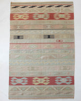 Vintage kilim rug in living room setting, old rug, antique rug, pastel colors, faded colors, Turkish rug, vintage rug, soft rug, Portland, Oregon, rug store, rug shop, local shop, earthy tones, earthy colors, warm colors, flat weave