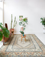 Area rug in a living room setting, pile rug, Turkish rug, old rug, antique rug, pastel colors, faded colors, Turkish rug, vintage rug, soft rug, Portland, Oregon, rug store, rug shop, local shop, pastel colors, warm colors