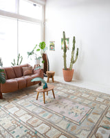 Area rug in a living room setting, pile rug, Turkish rug, old rug, antique rug, pastel colors, faded colors, Turkish rug, vintage rug, soft rug, Portland, Oregon, rug store, rug shop, local shop, pastel colors, warm colors