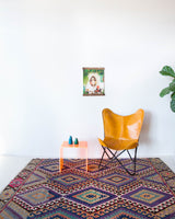 Vintage kilim rug in living room setting, bright colors, wild shaman, soft rug, bold color, Portland, Oregon, rug store, rug shop, local shop, vintage rug, modern kilim, warm colors