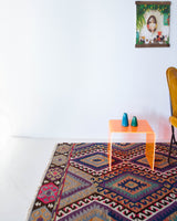 Vintage kilim rug in living room setting, bright colors, wild shaman, soft rug, bold color, Portland, Oregon, rug store, rug shop, local shop, vintage rug, modern kilim, warm colors