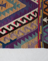 Vintage kilim rug in living room setting, bright colors, wild shaman, soft rug, bold color, Portland, Oregon, rug store, rug shop, local shop, vintage rug, modern kilim, warm colors