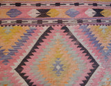 Vintage Turkish mini rug in room decor setting, old rug, antique rug, pastel colors, faded colors, Turkish rug, vintage rug, soft rug, Portland, Oregon, rug store, rug shop, local shop,  bright colors, bold colors