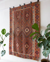 Vintage kilim rug in living room setting, bright colors, wild shaman, soft rug, bold color, Portland, Oregon, rug store, rug shop, local shop, vintage rug, modern kilim, warm colors