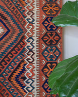 Vintage kilim rug in living room setting, bright colors, wild shaman, soft rug, bold color, Portland, Oregon, rug store, rug shop, local shop, vintage rug, modern kilim, warm colors
