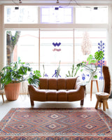 Vintage kilim rug in living room setting, bright colors, wild shaman, soft rug, bold color, Portland, Oregon, rug store, rug shop, local shop, vintage rug, modern kilim, warm colors