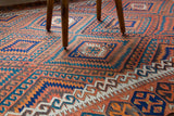 Vintage kilim rug in living room setting, bright colors, wild shaman, soft rug, bold color, Portland, Oregon, rug store, rug shop, local shop, vintage rug, modern kilim, warm colors