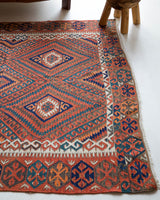 Vintage kilim rug in living room setting, bright colors, wild shaman, soft rug, bold color, Portland, Oregon, rug store, rug shop, local shop, vintage rug, modern kilim, warm colors