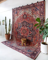 Vintage Persian rug in a living room setting, pile rug, Turkish rug, vintage rug, portland, rug shop, bright colors, wild shaman, soft rug, bold color, Portland, Oregon, rug store, rug shop, local shop, soft rug, pastel colors, faded colors, Persian rug, antique rug