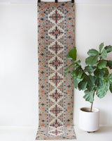 Vintage Turkish runner rug in living room setting, old rug, antique rug, pastel colors, faded colors, Turkish rug, vintage rug, soft rug, Portland, Oregon, rug store, rug shop, local shop