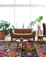 Vintage kilim rug in living room setting, bright colors, wild shaman, soft rug, bold color, Portland, Oregon, rug store, rug shop, local shop, vintage rug, modern kilim, warm colors