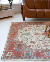 Vintage Turkish rug in living room setting, old rug, antique rug, pastel colors, faded colors, Turkish rug, vintage rug, soft rug, Portland, Oregon, rug store, rug shop, local shop
