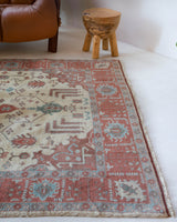 Vintage Turkish rug in living room setting, old rug, antique rug, pastel colors, faded colors, Turkish rug, vintage rug, soft rug, Portland, Oregon, rug store, rug shop, local shop