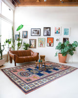 Vintage Turkish rug in a living room setting, pile rug, Turkish rug, vintage rug, portland, rug shop, bright colors, wild shaman, soft rug, bold color, Portland, Oregon, rug store, rug shop, local shop